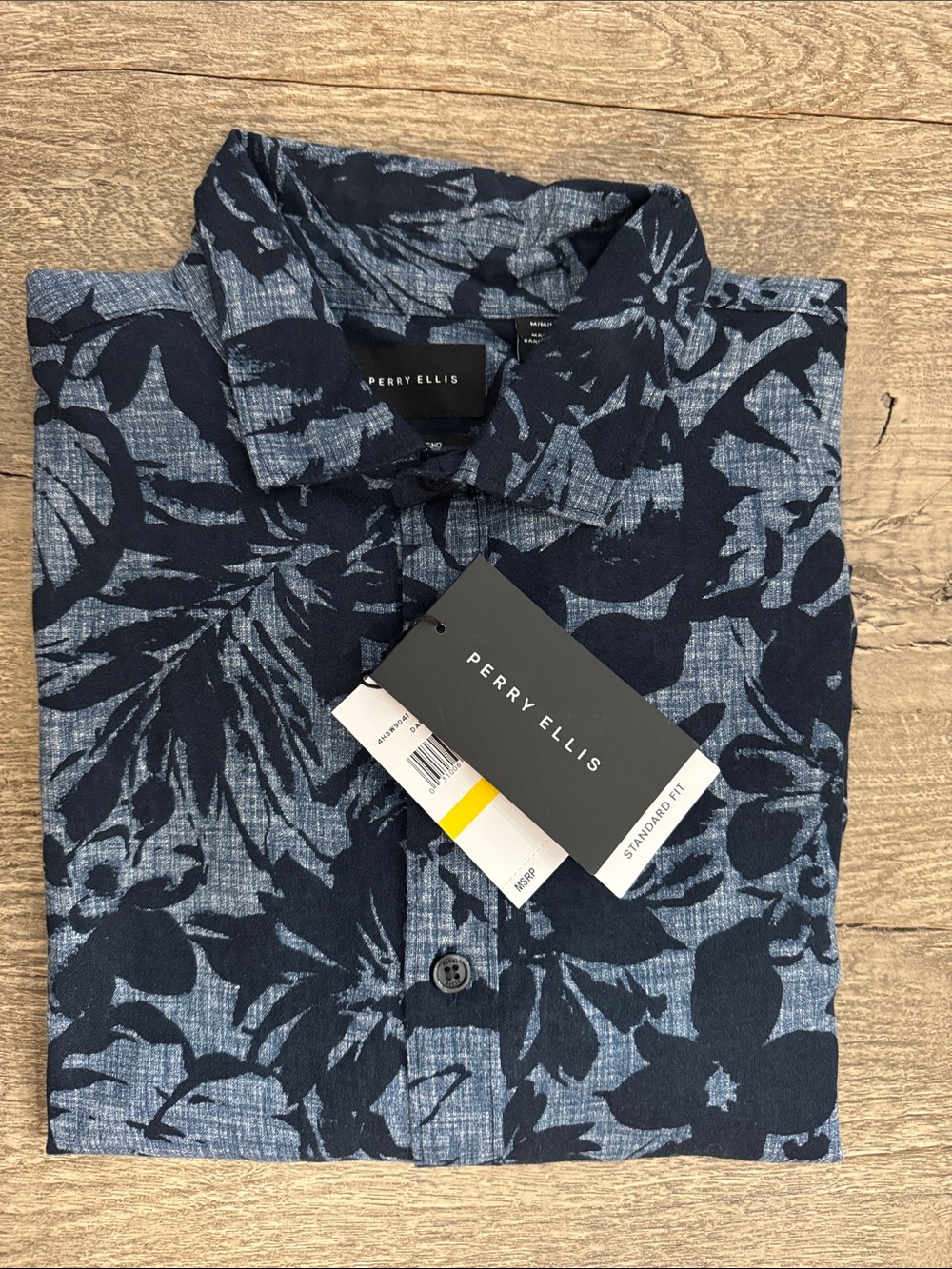 Perry Ellis Navy and Light Blue Floral Button-Down Shirt